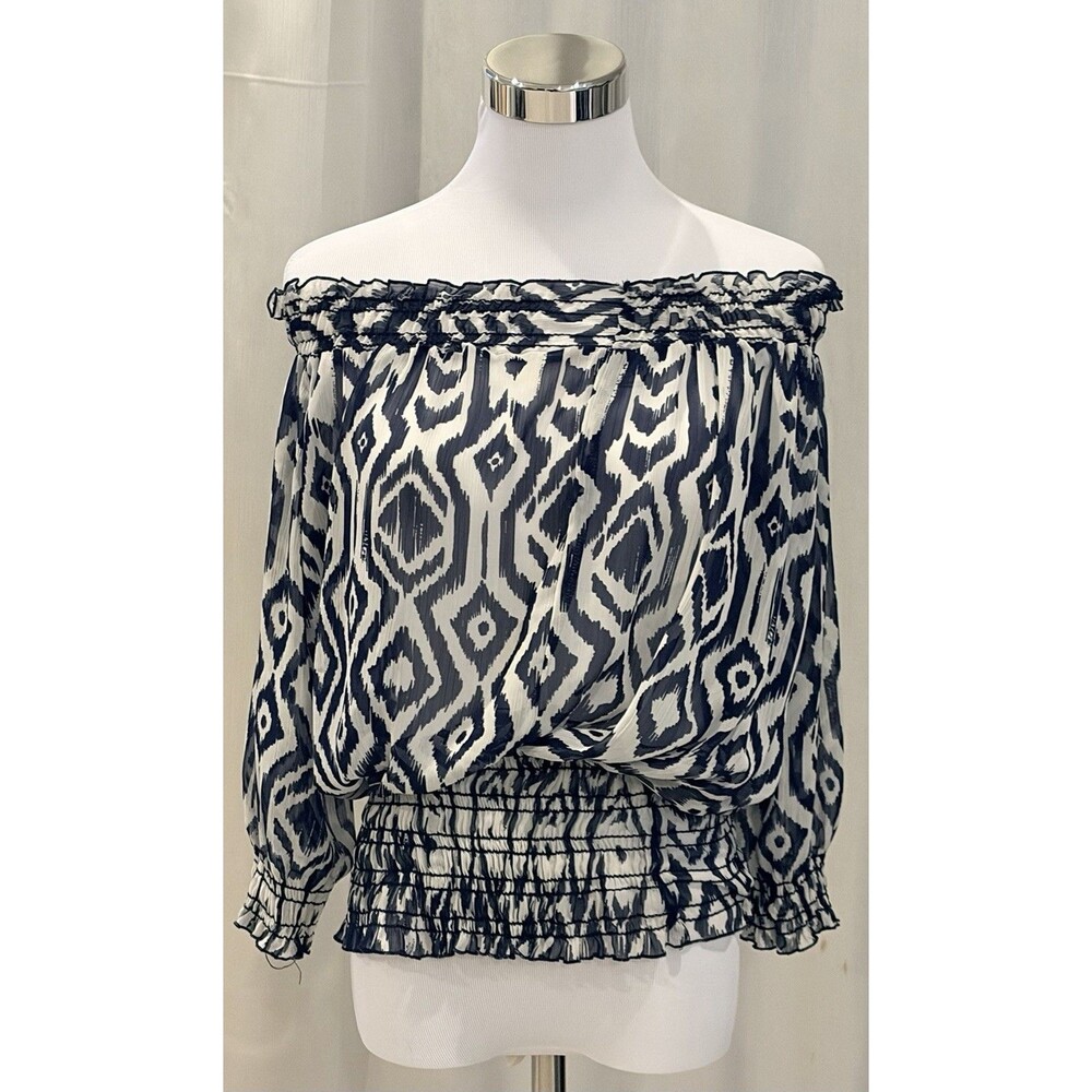 Thanx Collection Small Tribal Ikat Print Blouse Off Shoulder Smocked Waist